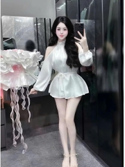 Đầm Thời Trang Nữ cổ yếm trang trí dây kim sa kèm dây cột eo_ Thiết Kế Sang Trọng Phù Hợp Mọi Dịp Màu Trắng & Đen Kiểu D