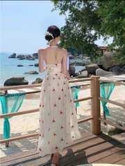 Đầm maxi đi biển thiết kế cổ yếm dài dáng xòe, đầm dạo phốt chất tơ hoa
