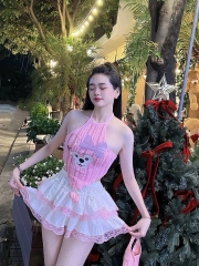 Bộ đồ nữ  tầng phối ren áo yếm lông in gấu - Women, Top Sen Nhung Hoa Sen Viền Ren chân váy lụa