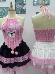 Bộ đồ nữ  tầng phối ren áo yếm lông in gấu - Women, Top Sen Nhung Hoa Sen Viền Ren chân váy lụa