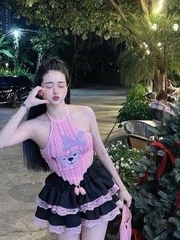 Bộ đồ nữ  tầng phối ren áo yếm lông in gấu - Women, Top Sen Nhung Hoa Sen Viền Ren chân váy lụa