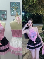 Bộ đồ nữ  tầng phối ren áo yếm lông in gấu - Women, Top Sen Nhung Hoa Sen Viền Ren chân váy lụa