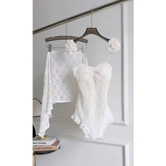 Bộ bikini đồ bơi đi biển liền thân ren hoa 3D kèm khăn choàng cao cấp