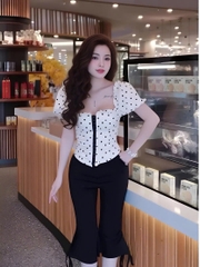 Sét đồ nữ hotrend áo corset trễ vai chấm bi quần ôm bèo lai dây rút - Áo Corset Trễ Vai Chấm Bi Quần Ôm Bèo Lai Dây Rút