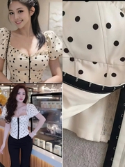 Sét đồ nữ hotrend áo corset trễ vai chấm bi quần ôm bèo lai dây rút - Áo Corset Trễ Vai Chấm Bi Quần Ôm Bèo Lai Dây Rút
