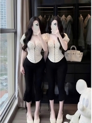 Sét đồ nữ hotrend áo corset trễ vai chấm bi quần ôm bèo lai dây rút - Áo Corset Trễ Vai Chấm Bi Quần Ôm Bèo Lai Dây Rút
