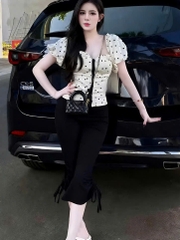 Sét đồ nữ hotrend áo corset trễ vai chấm bi quần ôm bèo lai dây rút - Áo Corset Trễ Vai Chấm Bi Quần Ôm Bèo Lai Dây Rút