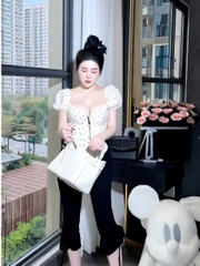 Sét đồ nữ hotrend áo corset trễ vai chấm bi quần ôm bèo lai dây rút - Áo Corset Trễ Vai Chấm Bi Quần Ôm Bèo Lai Dây Rút