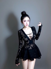 Sét Bộ Ren Áo Váy Dáng Ngắn Tay Dài Thiết Kế Cổ V Mắc Cáo Đan Dây Phong Cách Sang Trọng Cho Nữ Kèm Quần Short