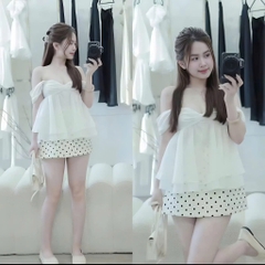 Set áo trễ vai chân váy chấm bi, set babydoll nữ tiểu thư nhẹ nhàng phong cách Hàn Hum Fashion