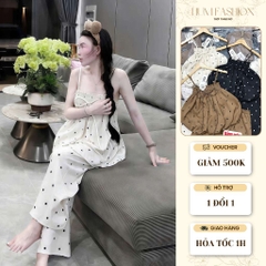Set đồ bộ chấm bi dây mảnh, set bộ mặc nhà chấm bi quần suông ống rộng Hum Fashion