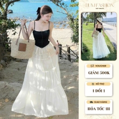 Set váy 2 dây phối chân váy tầng, set bộ đi biển chân váy voan trắng dáng dài Hum Fashion