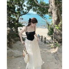 Set váy 2 dây phối chân váy tầng, set bộ đi biển chân váy voan trắng dáng dài Hum Fashion