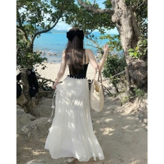 Set váy 2 dây phối chân váy tầng, set bộ đi biển chân váy voan trắng dáng dài Hum Fashion