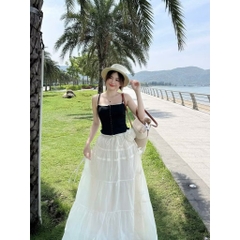Set váy 2 dây phối chân váy tầng, set bộ đi biển chân váy voan trắng dáng dài Hum Fashion