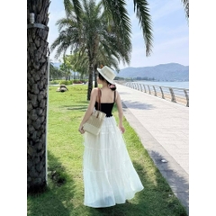 Set váy 2 dây phối chân váy tầng, set bộ đi biển chân váy voan trắng dáng dài Hum Fashion