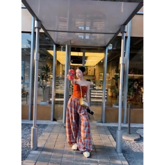 Set áo ống quây quần suông caro, set bộ ống quây quần suông ống rộng đi chơi dạo phố cá tính Hum Fashion