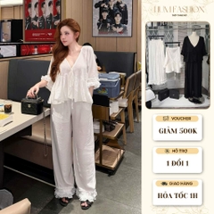 Set bộ đũi tơ phối ren tiểu thư, bộ quần dài áo cổ V bèo nhún cao cấp Hum Fashion