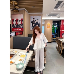 Set bộ đũi tơ phối ren tiểu thư, bộ quần dài áo cổ V bèo nhún cao cấp Hum Fashion