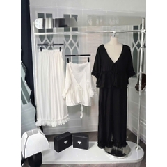 Set bộ đũi tơ phối ren tiểu thư, bộ quần dài áo cổ V bèo nhún cao cấp Hum Fashion