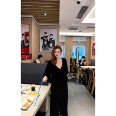 Set bộ đũi tơ phối ren tiểu thư, bộ quần dài áo cổ V bèo nhún cao cấp Hum Fashion