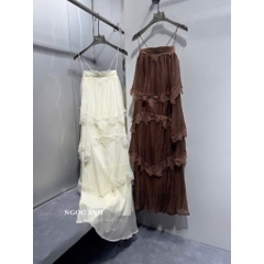 Váy maxi 2 dây nhiều tầng, đầm maxi đi biển dáng dài phối ren tiểu thư mùa hè Hum Fashion