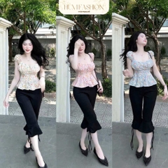 Set bộ áo hoa nhí tay bồng, set bộ quần lửng ống loe phối áo peplum hoa nhí Hum Fashion