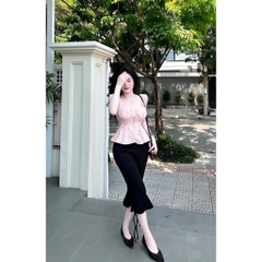 Set bộ áo hoa nhí tay bồng, set bộ quần lửng ống loe phối áo peplum hoa nhí Hum Fashion
