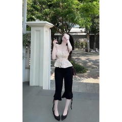 Set bộ áo hoa nhí tay bồng, set bộ quần lửng ống loe phối áo peplum hoa nhí Hum Fashion