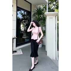 Set bộ áo hoa nhí tay bồng, set bộ quần lửng ống loe phối áo peplum hoa nhí Hum Fashion