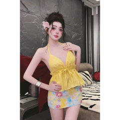 Set áo 2 dây phối chân váy hoa, set bộ áo yếm hở lưng kèm chân váy ngắn đi biển Hum Fashion
