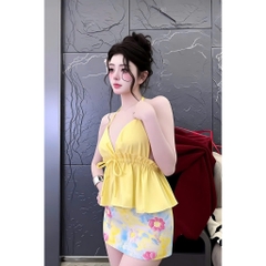 Set áo 2 dây phối chân váy hoa, set bộ áo yếm hở lưng kèm chân váy ngắn đi biển Hum Fashion