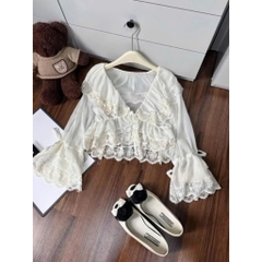 Áo babydoll nữ hot trend hè 2026, áo bèo cổ tay dài phối ren xinh xắn