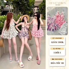 Váy 2 dây xếp ly tầng, váy hai dây dáng ngắn phối nơ bèo nhún tiểu thư Hum Fashion