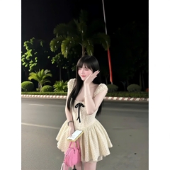 Váy đầm xòe hoa nhí cúp ngực, Váy đầm hoa nhí dáng ngắn phối nơ tiểu thư ngọt ngào Hum Fashion