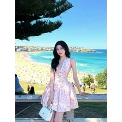 Váy đầm xòe hoa nhí cúp ngực, Váy đầm hoa nhí dáng ngắn phối nơ tiểu thư ngọt ngào Hum Fashion