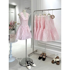 Váy đầm xòe hoa nhí cúp ngực, Váy đầm hoa nhí dáng ngắn phối nơ tiểu thư ngọt ngào Hum Fashion