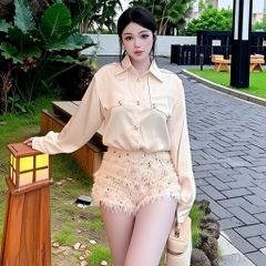 Set áo sơ mi kèm quần đùi, set bộ sơ mi peplum ngắn tay kèm quần short ống rộng Hum Fashion