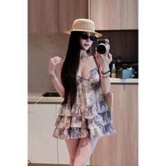 Váy 2 dây xếp ly tầng, váy hai dây dáng ngắn phối nơ bèo nhún tiểu thư Hum Fashion