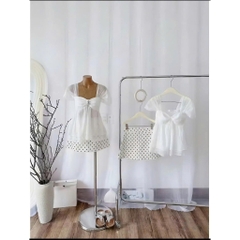Set áo trễ vai tiểu thư phối chân váy chấm bi, set babydoll mùa hè siêu xinh