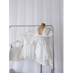 Set áo trễ vai tiểu thư phối chân váy chấm bi, set babydoll mùa hè siêu xinh