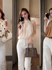 Áo Yếm Lụa Satin Cổ Yếm Dáng Bí Chấm Bi Có Nút Ngọc Gài Sau Lưng Phong Cách Hiện Đại