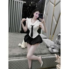 Sét đồ nữ áo sơ mi tiểu thư cổ bèo phối ren cà vạt mix quần bí bồng bềnh phong cách thời trang
