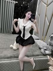 Sét đồ nữ áo sơ mi tiểu thư cổ bèo phối ren cà vạt mix quần bí bồng bềnh phong cách thời trang