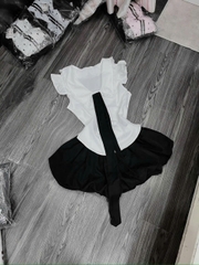 Sét đồ nữ áo sơ mi tiểu thư cổ bèo phối ren cà vạt mix quần bí bồng bềnh phong cách thời trang