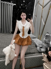 Sét đồ nữ áo sơ mi tiểu thư cổ bèo phối ren cà vạt mix quần bí bồng bềnh phong cách thời trang
