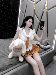 Sét đồ nữ áo sơ mi tiểu thư cổ bèo phối ren cà vạt mix quần bí bồng bềnh phong cách thời trang
