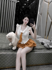 Sét đồ nữ áo sơ mi tiểu thư cổ bèo phối ren cà vạt mix quần bí bồng bềnh phong cách thời trang