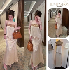 Set áo 2 dây phối ren kèm chân váy lụa, set bộ áo hai dây tơ bèo chân váy lụa dài đi biển sang chảnh Hum Fashion