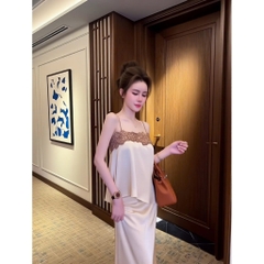 Set áo 2 dây phối ren kèm chân váy lụa, set bộ áo hai dây tơ bèo chân váy lụa dài đi biển sang chảnh Hum Fashion